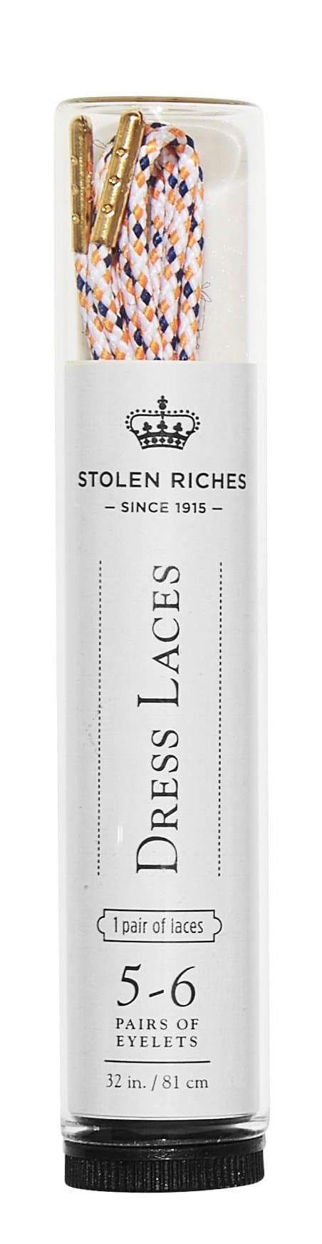 Men’s Round Dress Shoe Laces (Strings) 32” Length in White, Navy Blue and Orange with Gold Metal Tips (Aglets)