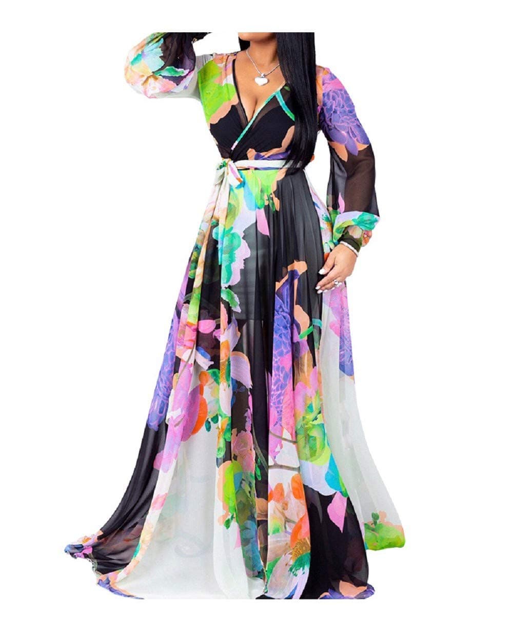 lvenzse Womens Chiffon Printed Floral Maxi Dress Long Sleeves Dresses High Slim Waisted Belt Plus Size