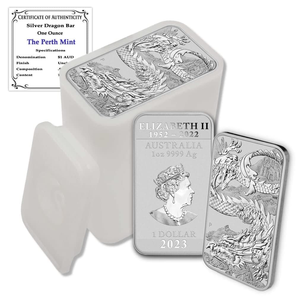 2023 P Lot of (10) 1 oz Australian Silver Dragon Rectangular Bar Coins Brilli...