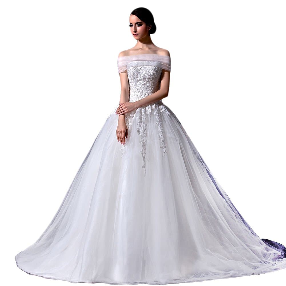Tidetell Strapless A Line Sleeveless Lace Chapel Train Wedding Dress