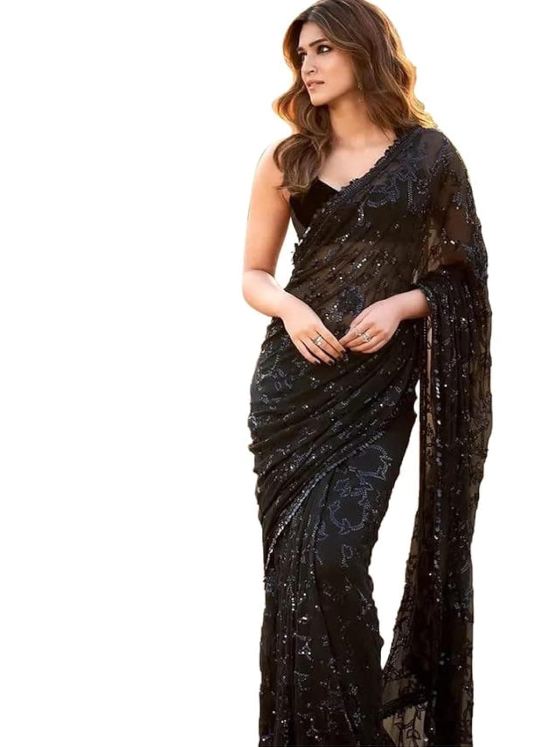 Women's Lace & Sequence Embroidery Georgette Saree with Unstitched Blouse Piece(2845S252_Black)