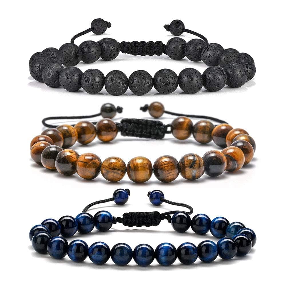 M MOOHAMLava Rock Bracelet - 8mm Stone Tiger Eye Bracelet Lava Rock Bracelet , Stress Relief Yoga Beads Adjustable Bracelet Anxiety Aromatherapy Essential Oil Diffuser Healing Lava Bracelet for Men Women