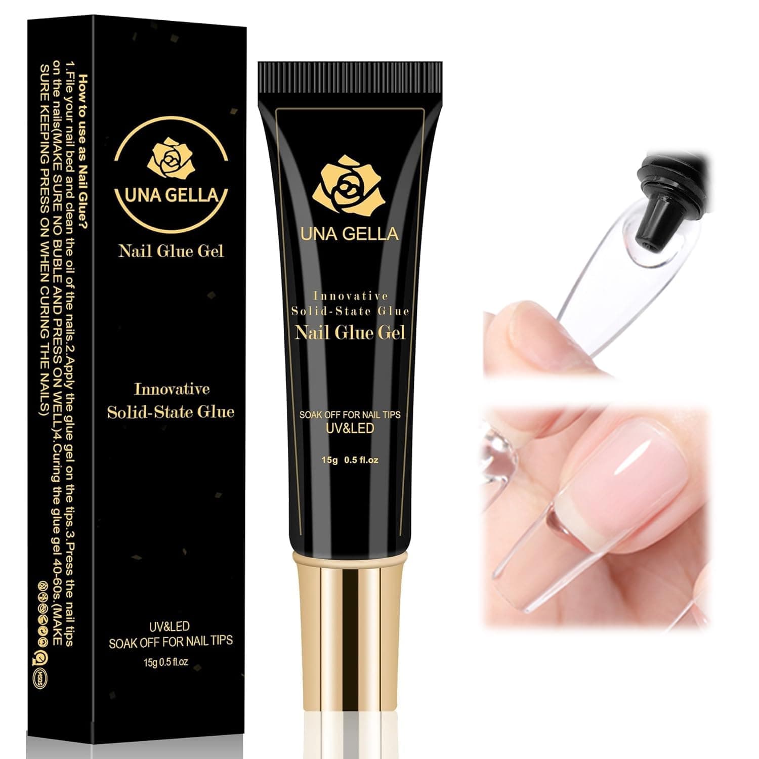 UNA GELLA Solid Nail Glue Gel Soft Gel Nail Tips Glue 15ml Lamp Curing Needed Solid Soak Off Glue Super Strong Nail Glue For Fake Acrylic Nails Extension Press On Nails