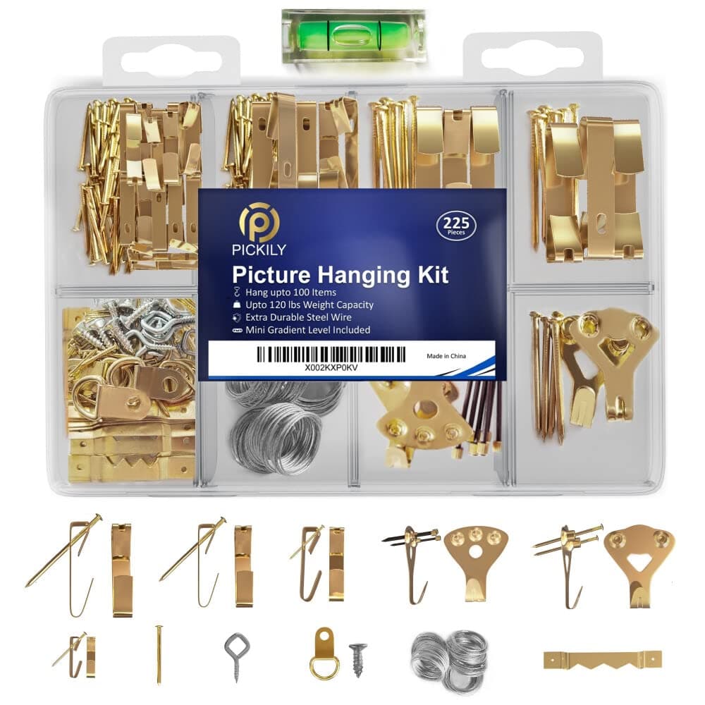 225 Piece Picture Hanging Kit Photo Hangers Includes Nails Wire, Screw Eyes Sawtooth Hook for Wall Art Mounting Mini-Gradient Level Heavy Duty Hardwire for Home Office Use Hanger Supplies