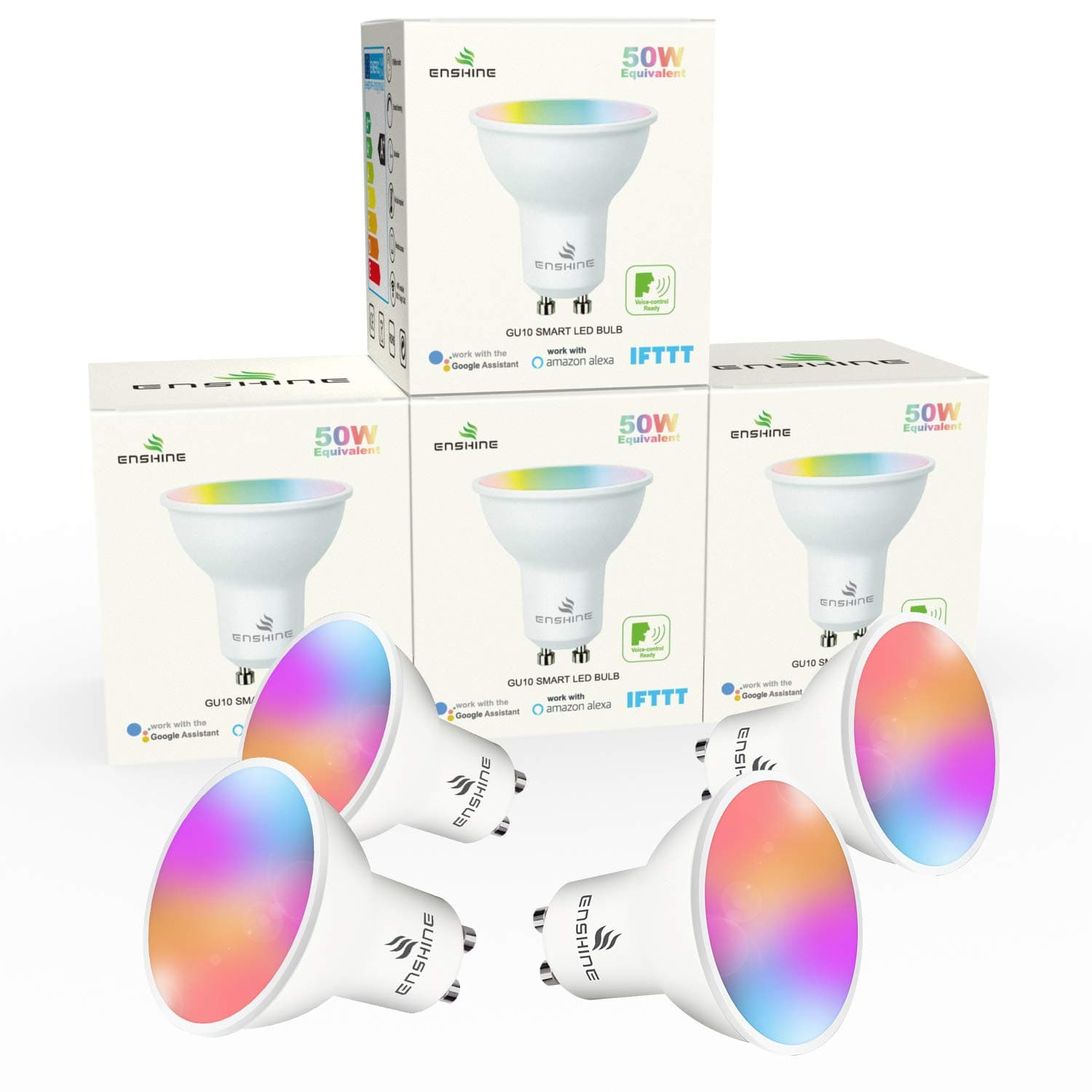 Enshine Smart Bulb GU10, Colour and Switchable White Spotlight Bulbs, Compatible with Alexa and Google Home, 5W(50W),400 Lumens, No Hub Required(4 Pack) [Energy Class A+]