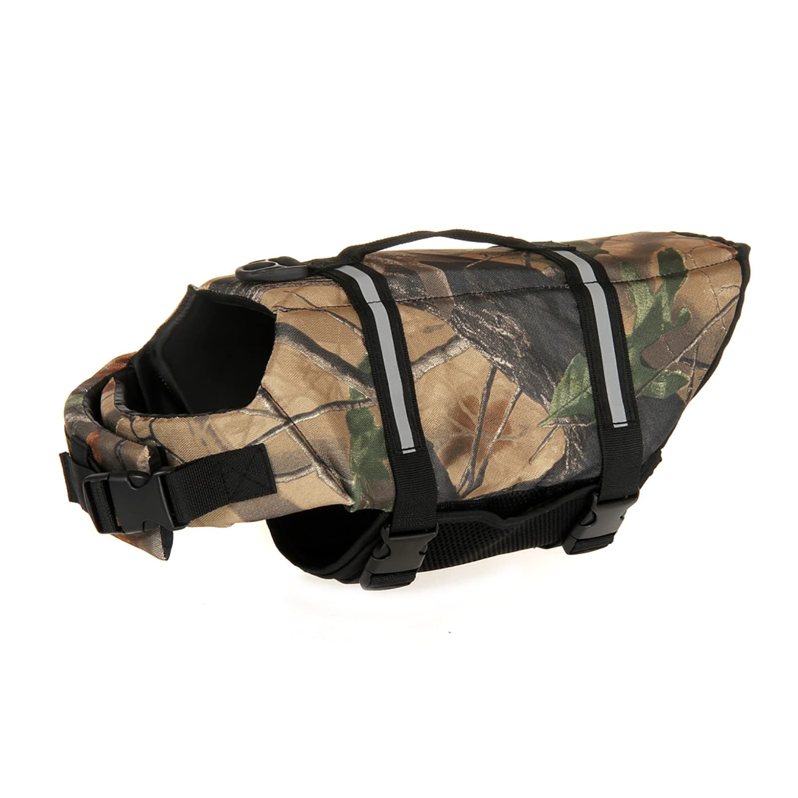 Dog Life Jacket, Dog Life Vest Camo with Reflective Stripes, Adjustable Dog Lifesaver Pet Life Preserver Dog Life Jackets with High Buoyancy Swimsuit for Small Medium and Large Dogs Color-A S