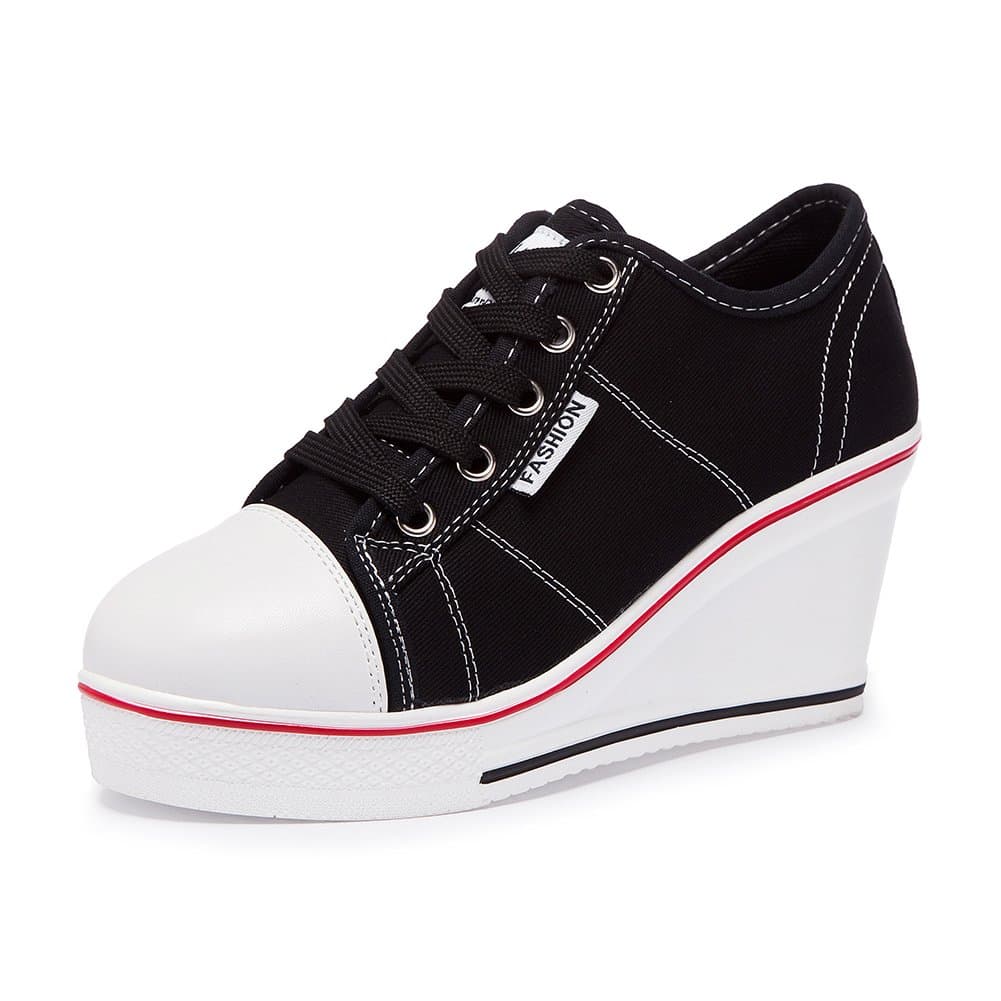 Women's Canvas Shoes Wedge Heeled Platform Sneaker Fashion Pump Shoes (7-7.5 B(M) US, Black)