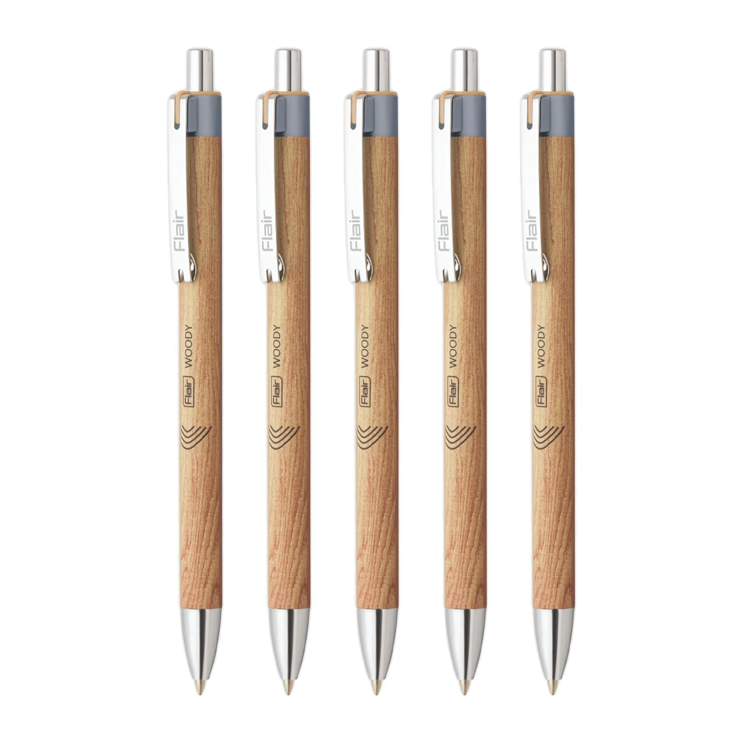 Flair Woody Cliq 0.7mm Retractable Ball Pen | Elegant Pockatable Clip with Attractive Wooden Texture Body | Lightweight and Long-Lasting Ball Pen | Black Ink, Pack of 5