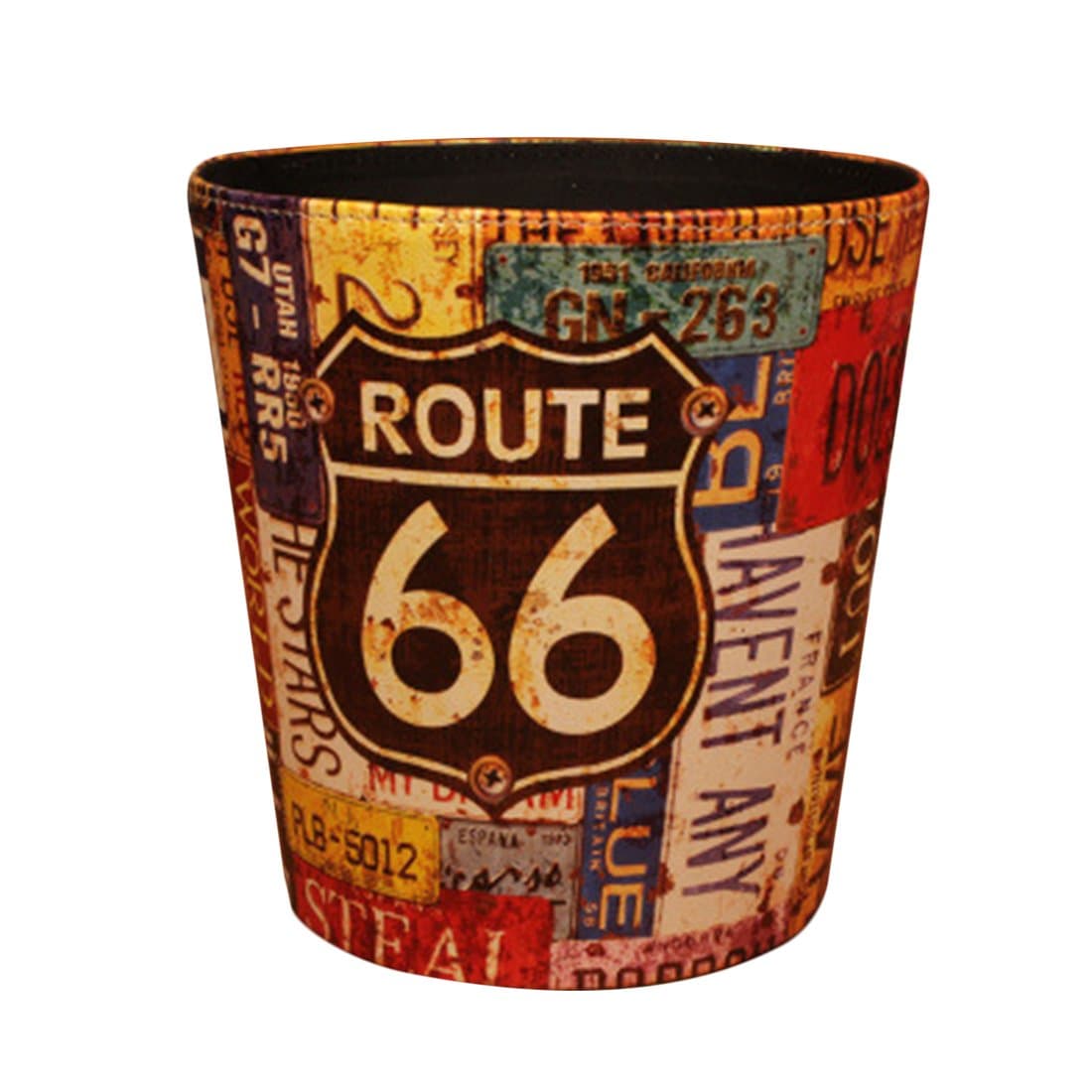 Hipsteen Trash Can, European Style Retro PU Leather Wastebasket Paper Basket Trash Can Dustbin Garbage Bin without Lid - 66 Route Pattern