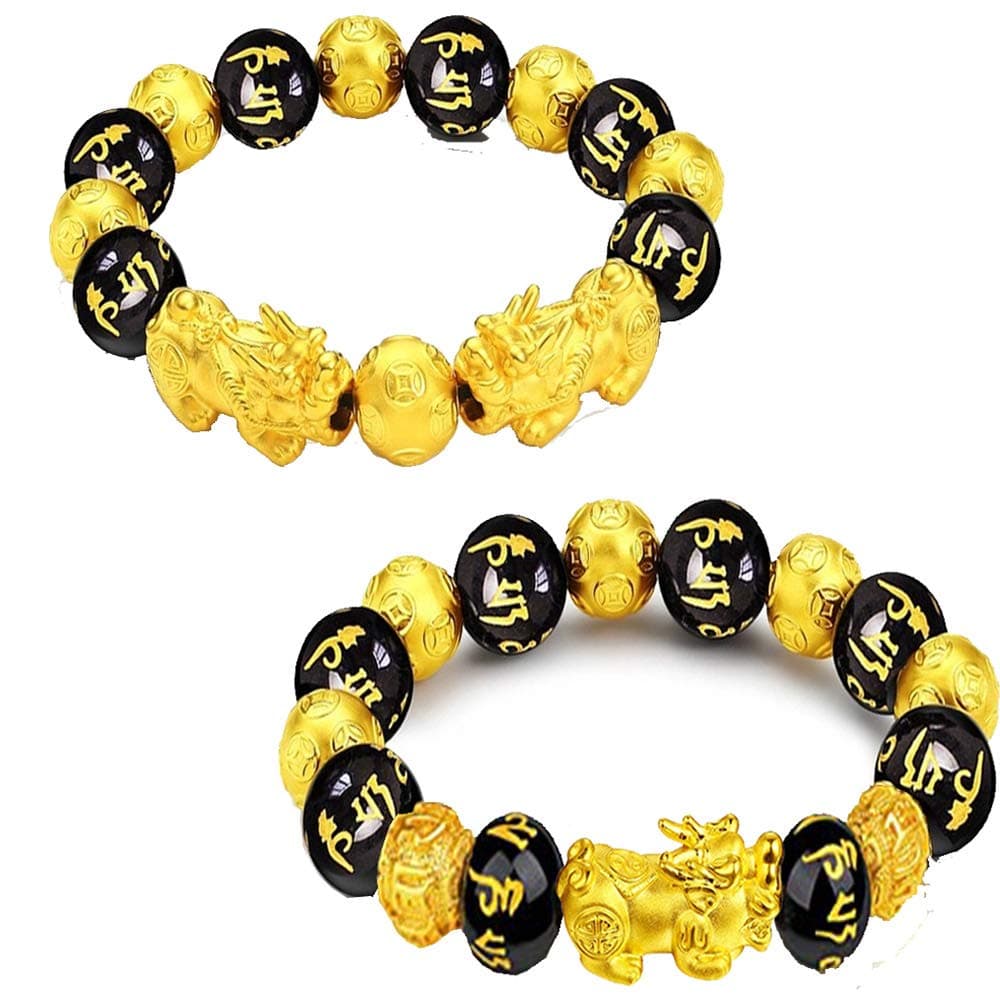 ANATYU 2 Pcs Pi Xiu bracelet Feng Shui obsidian wealth bracelet for men and women Adjustable elasticity(12mm)