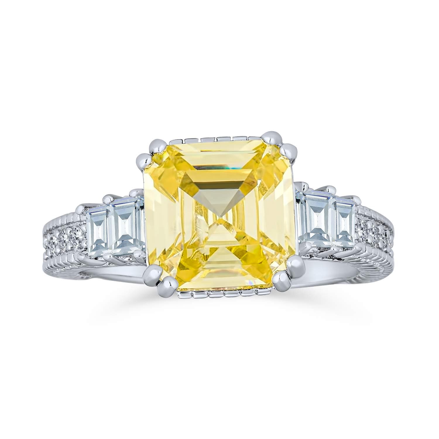 Bling JewelryPersonalize Three Stone Past Present Future Art Deco Style 2CT Canary Yellow AAA CZ Square Princess or Emerald Asscher Cut Engagement Ring For Women Baguettes Side Stone Band .925 Sterling Silver