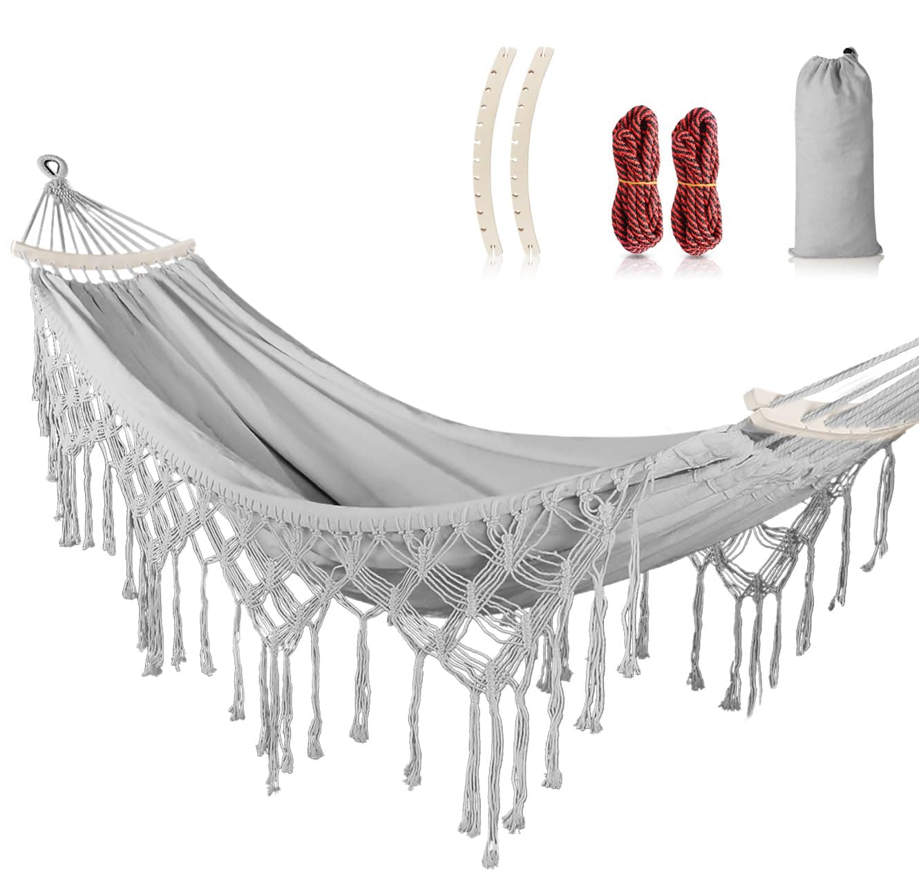 MOSFiATA Backyard Hammock with Tassels Max 500lbs Canvas Fabric Bohemian Style with Thickened Rope and Carry Bag for Outdoor, Garden, Patio, Wedding Decor (Gray)