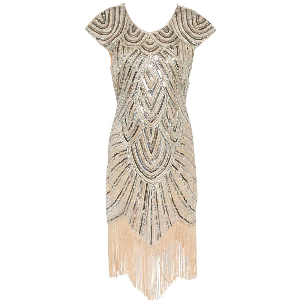 YaoDgFa Vintage Women Dresses 1920s Gatsby Sequin Art Deco Scalloped Hem Inspired Flapper Dress for Party Beige