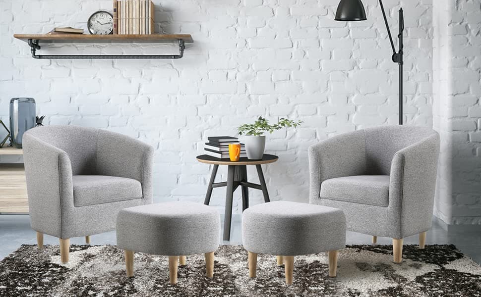 DAZONE Accent Chair with Ottoman, Modern Comfy Armchair Upholstered Barrel Club Chair and Footrest Set, Fabric Tub Arm Chairs for Living Room Bedroom Small Spaces Apartment Office, Set of 2, Gray