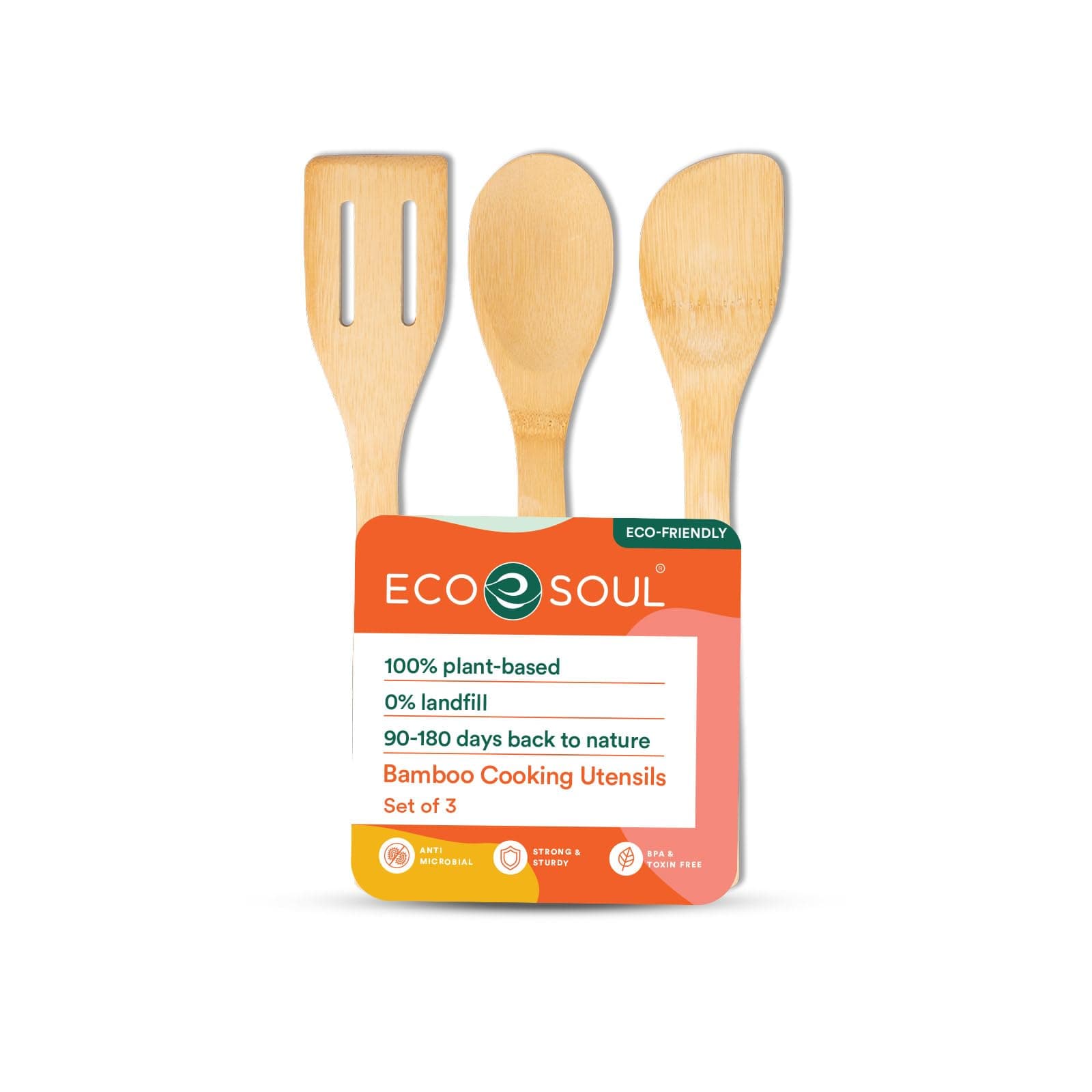 EcoSoul | Bamboo Spatula [ Set of 3 ] | Wooden Spatula | Bamboo Ladle/Turner | Non Stick, Durable, Heat-Safe & Eco-Friendly | for Cooking, Stirring & Serving | Beige
