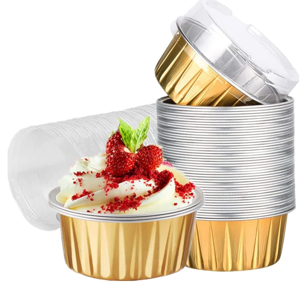 100 Pack Aluminum Foil Baking Cups with Lids 5 oz Dessert Cups Muffin Tins Disposable Mini Cake Pans Cupcake Cups Muffin Tins Liners for Wedding Birthday Individual Dessert Containers (Gold)