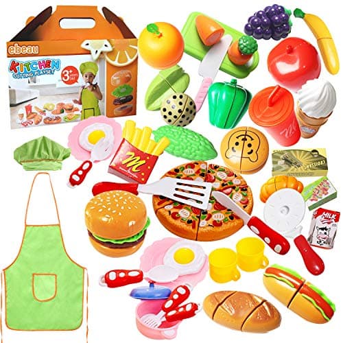 Play Food Set for Kids 40 Pcs Pretend Cutting Fruits Vegetables Food Playset Kitchen Cooking Sets Toys Fake Plastic Foods for Educational Learning for Toddlers Kids Girls Boys with Apron and Hat