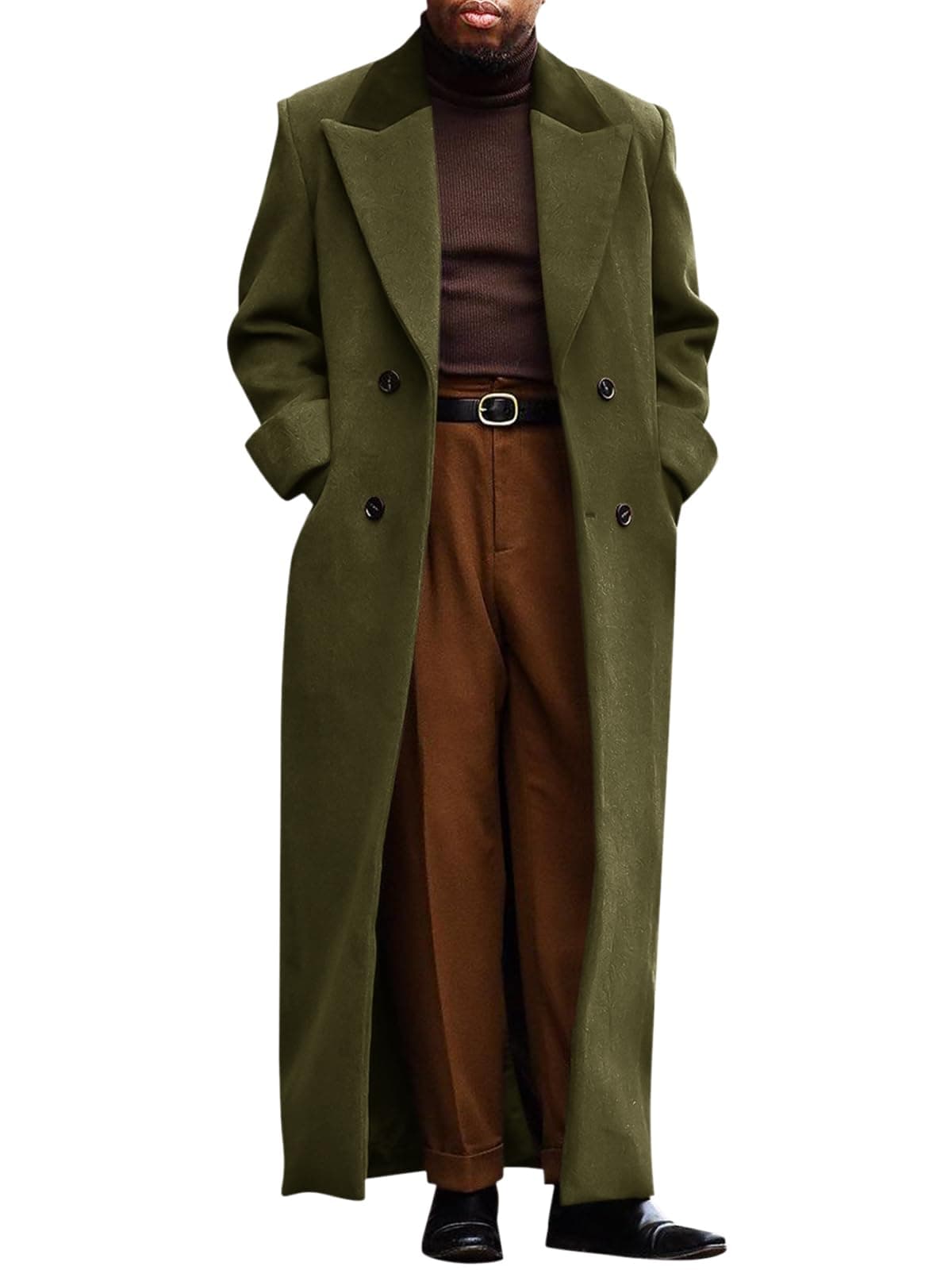 Mens Full Length Trench Coat Notched Lapel Long Jacket Double Breasted Classic Winter Overcoat