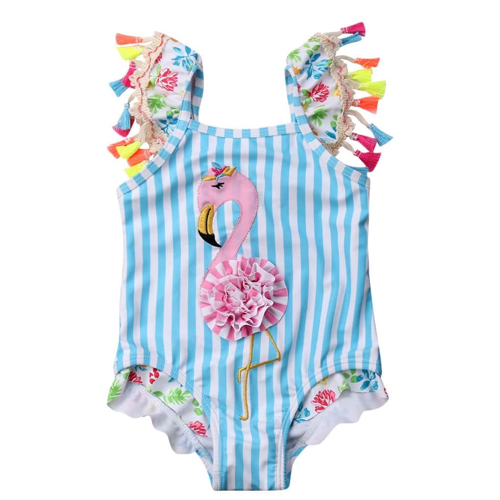 Kids Toddler Baby Girl One Piece Swimsuit Beach Wear Striped Flamingo Tassels Swimwear Bathing Suits 0-6T