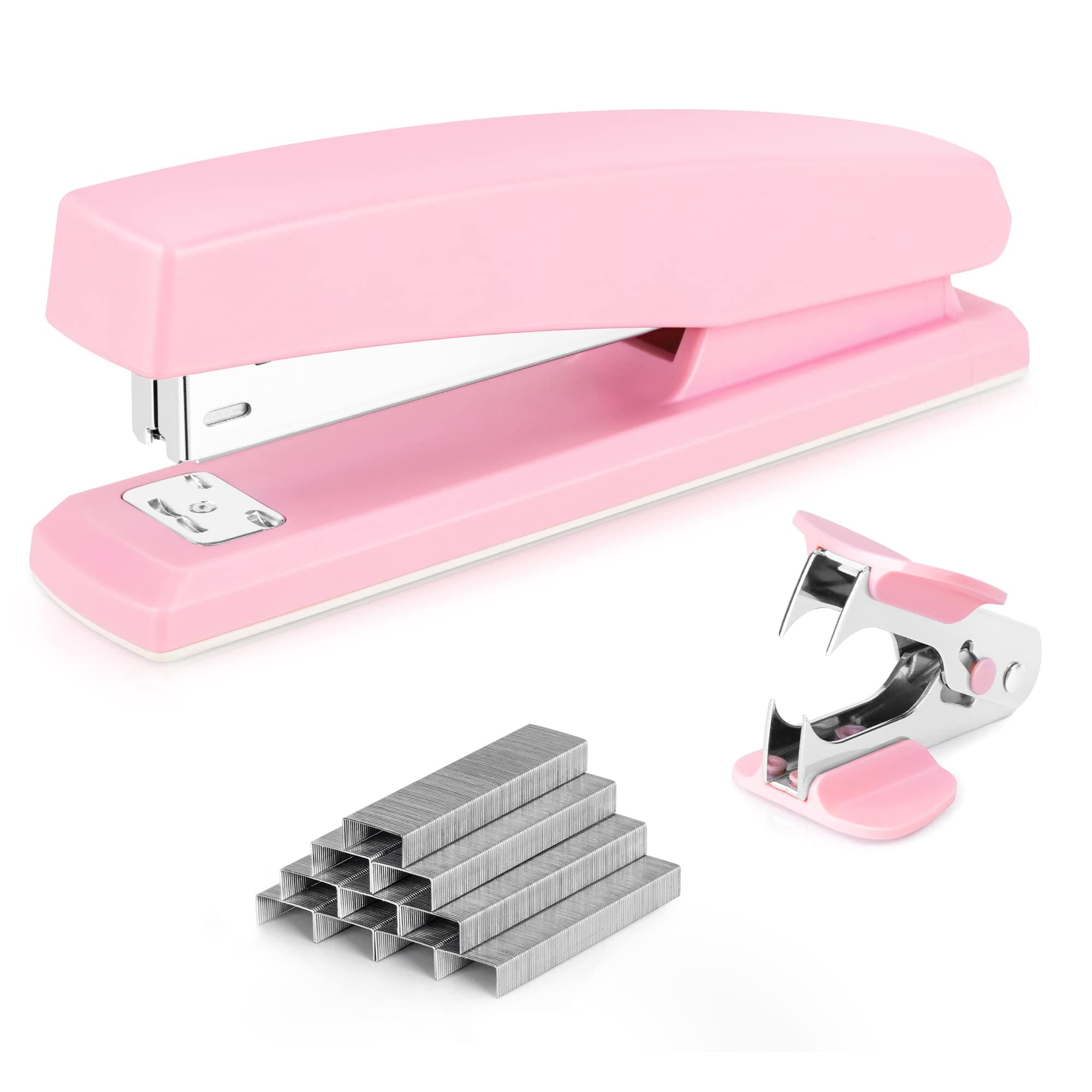 Pink Modern Office Desk Stapler, 25 Sheet Capacity, 1000 Staples & Remover, 210 Staple Slot, Temporary & Permanent Stapling, Tacking, Non-Skid Base