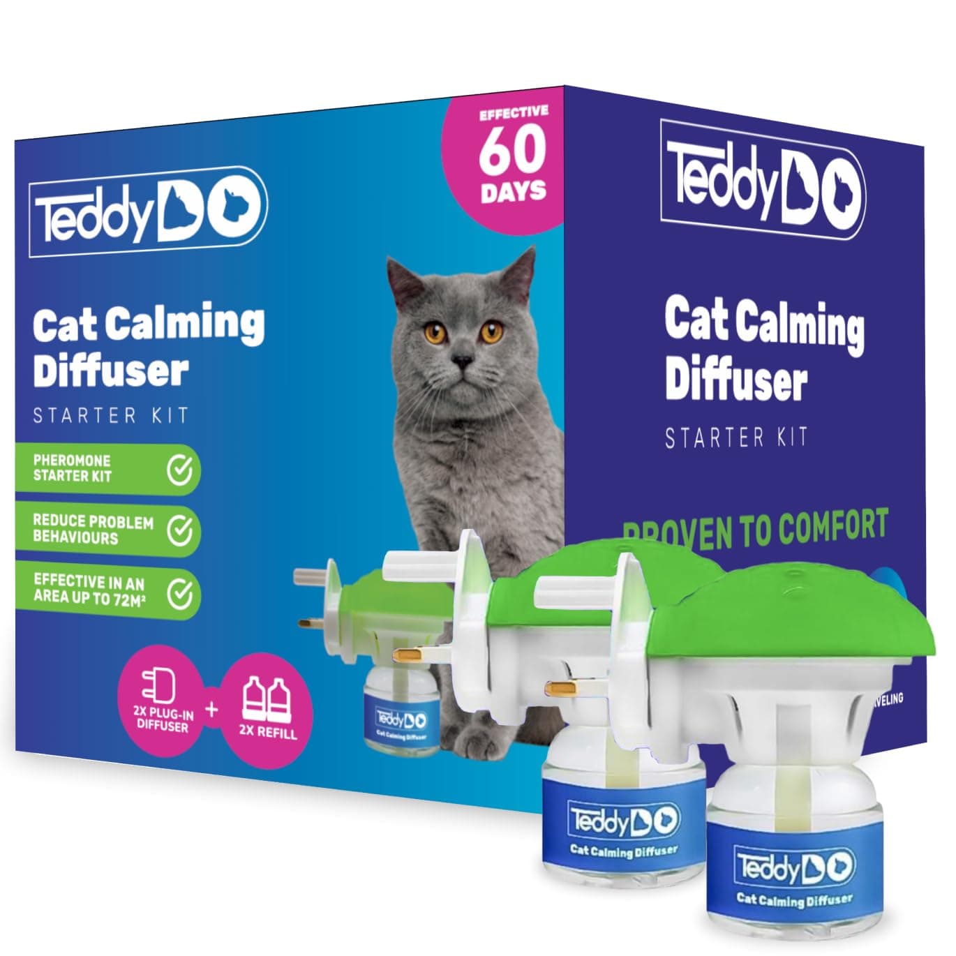 Cat Calming Diffuser Plug-In (UK Type G) | TeddyDo Pheromone Diffuser for Cats | 2 Diffusers + 2x48ml Refills | 60-Day Double Pack | Helps Reduce Scratching, Spraying & Anxiety | Safe Stress Relief