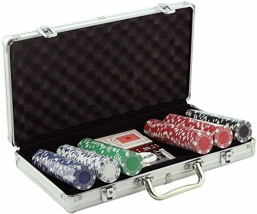 Trendi Texas Holdem 300 Piece Poker Chips Set with Aluminum Case,2 Decks of Cards, Dealer, Small Blind, Big Blind Buttons and 5 Dice (Silver/300pcs)