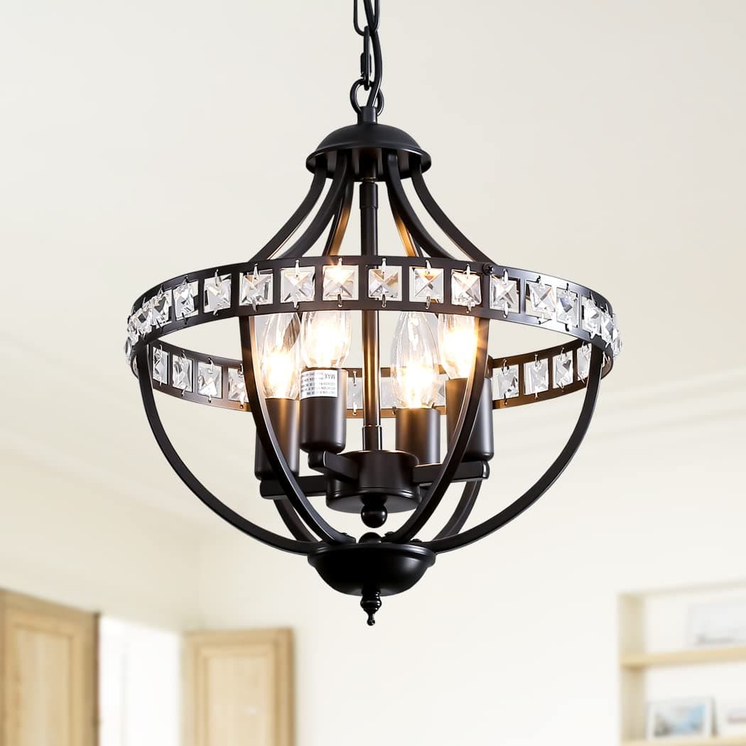 Crystal Chandelier Light Fixtures, 4-Lights Farmhouse Rustic Vintage Black Pendant Hanging Lighting Ceiling Chandeliers for Kitchen Island Dining Room Living Room Bedroom Foyer Hallway
