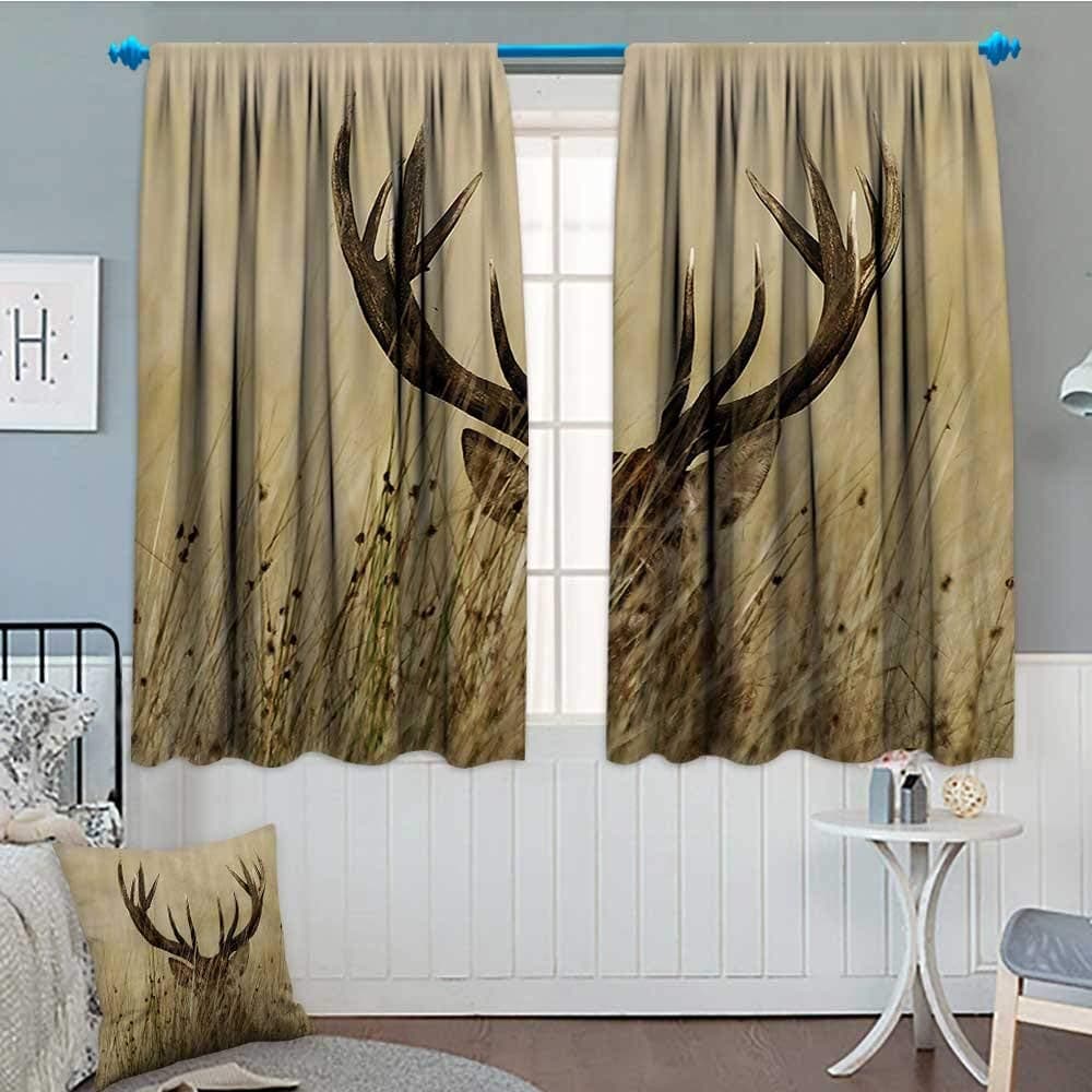Antler Decor Blackout Window Curtain Whitetail Deer Fawn in Wilderness Stag Countryside Rural Hunting Theme Customized Curtains 52"x63" Brown Sand Brown