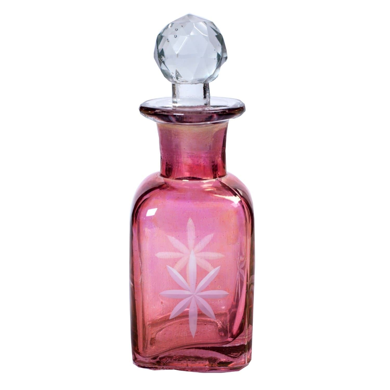 Flower Print Square Crystal Top Scent Glass Bottle (300ml, 6" x 2" x 2", Red 1)