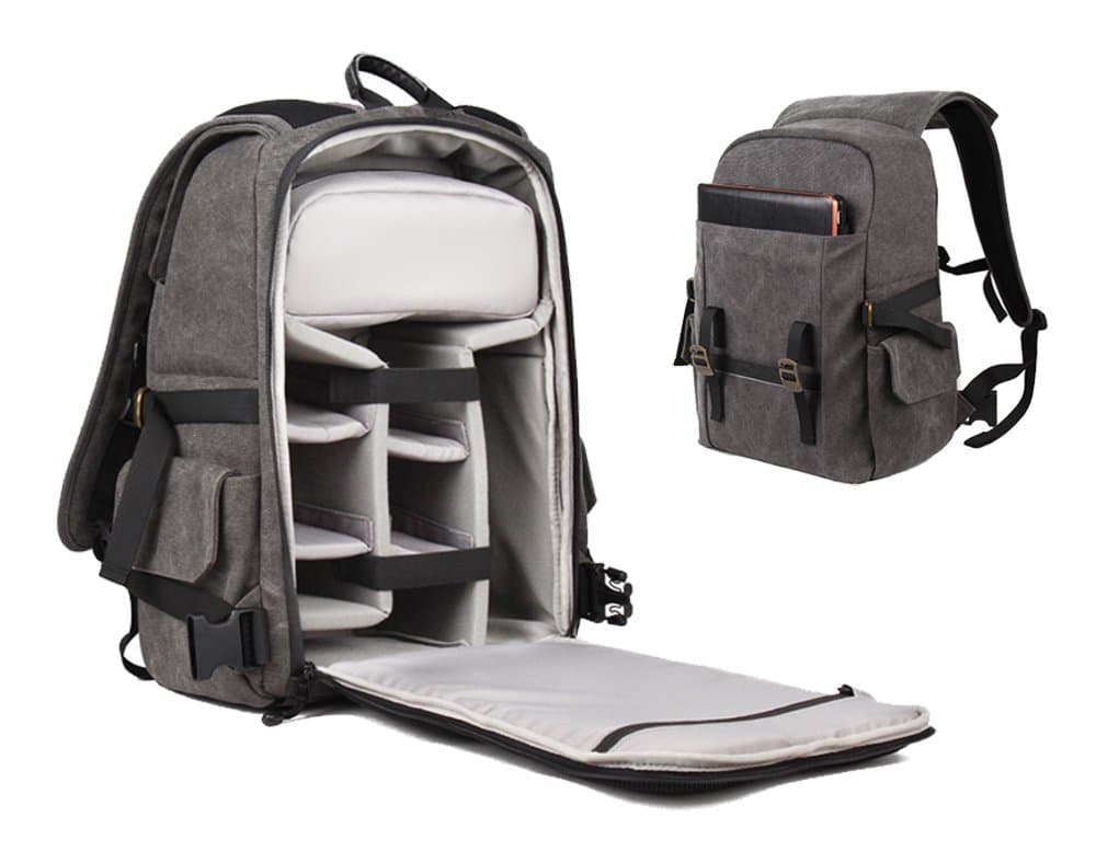 Shineda Water Resistant DSLR SLR Canvas Backpack Rucksack for Sony Nikon Canon, with Variable Compartments and 14 Inch Laptop Compartment (Dark Gray)