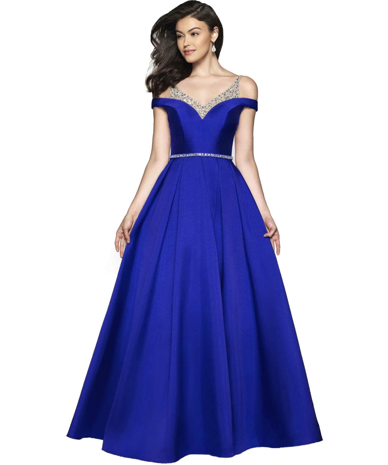 Women's Off The Shoulder Spaghetti Straps A-line Satin Formal Prom Dresses Long Evening Formal Gown with Beaded Bodice Size 14 Royal Blue