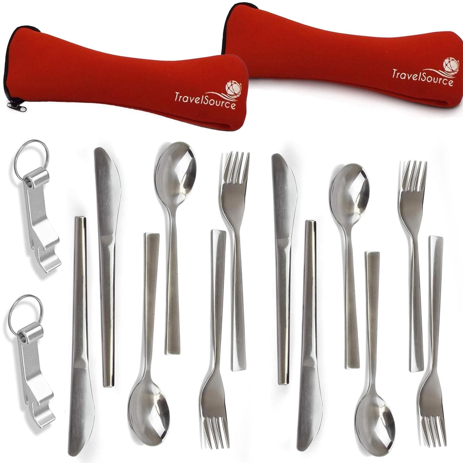 Portable Utensils With Case - 2 Pack 4- Person - Fork, Spoon, Knife, Bottle Opener - Premium Silverware Set - Reusable Utensils For Lunch Box