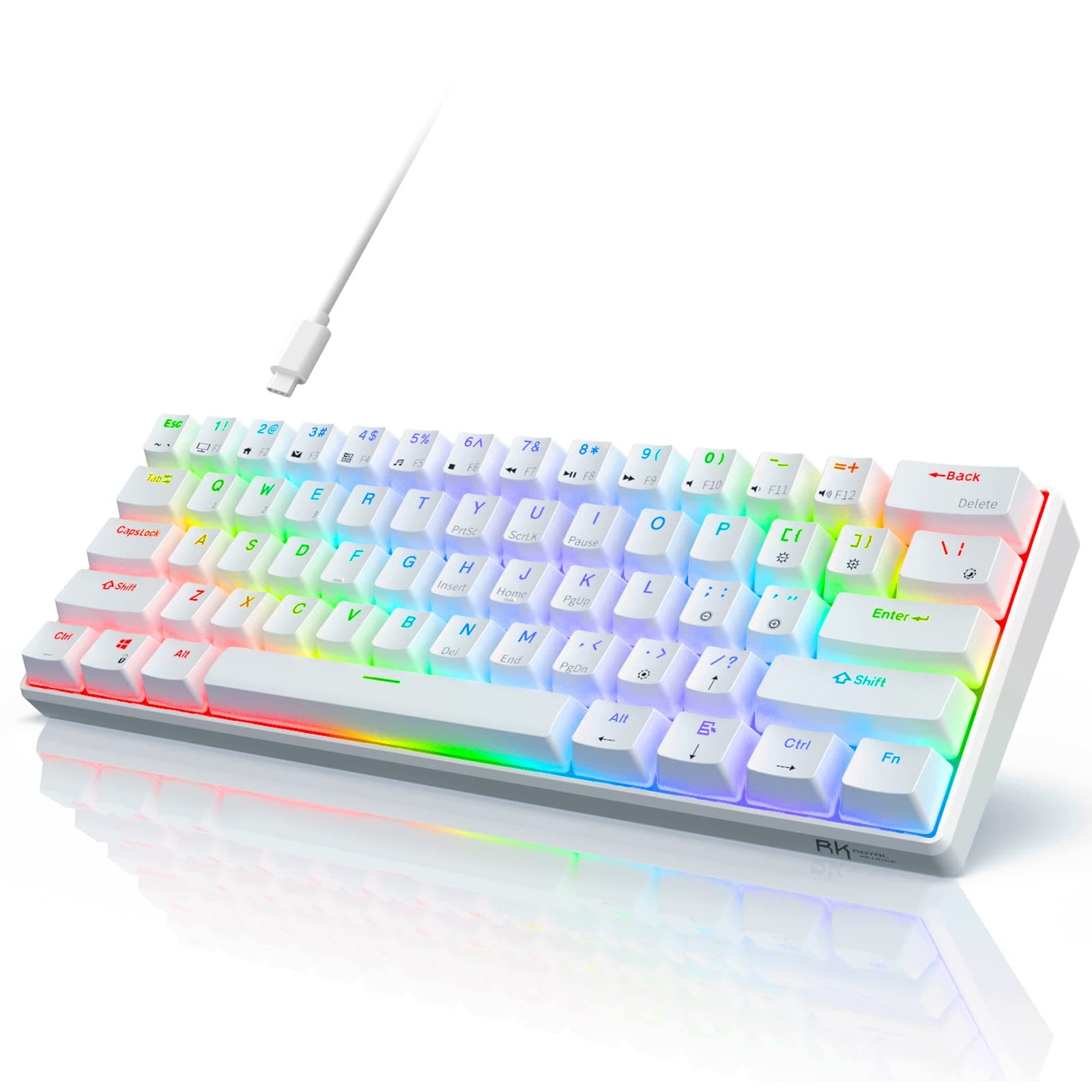 RK ROYAL KLUDGE RK61 Wired 60% Mechanical Gaming Keyboard RGB Backlit Ultra-Compact Blue Switch White