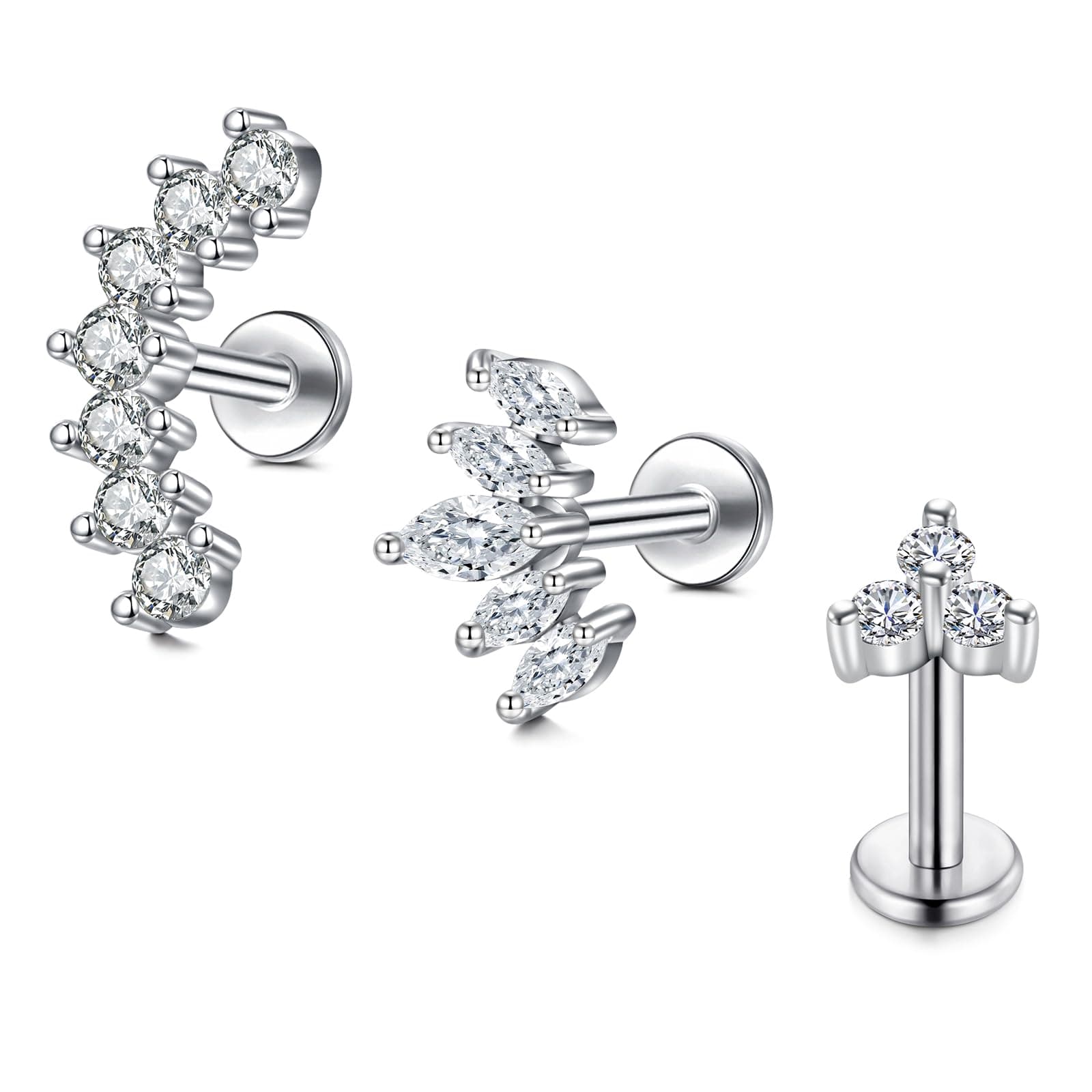 Briana Williams Tragus Earring Flat Back 16g Silver Diamond Lip Labret Bar 6mm 8mm Stud Helix Piercing Jewellery