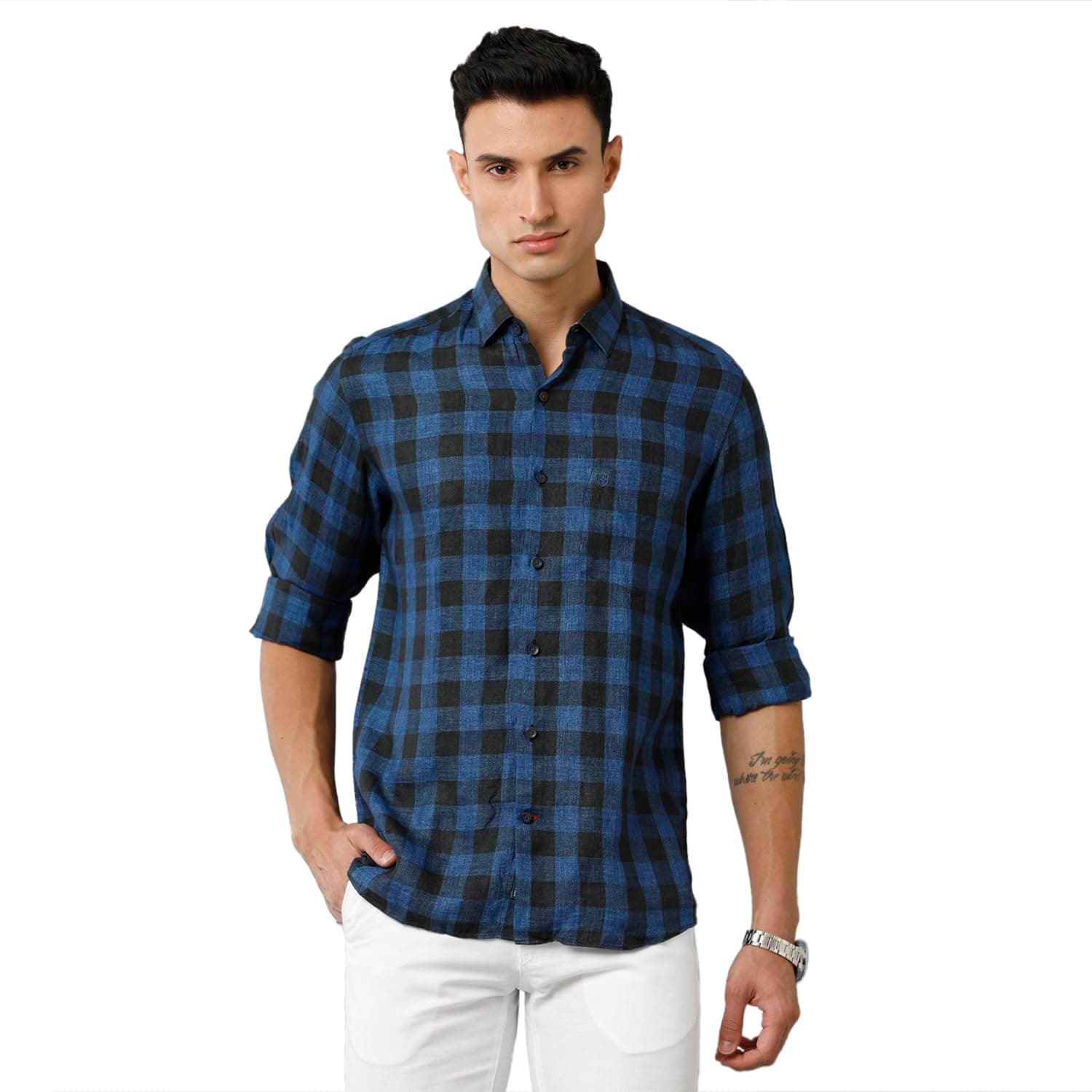 Linen ClubMen's Pure Linen Blue Checks Regular Fit Full Sleeve Casual Shirt