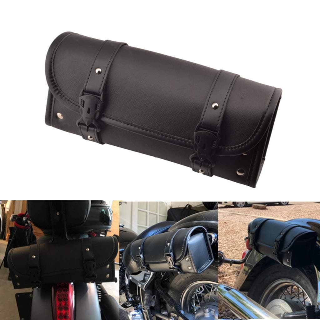 Goldfire Waterproof Motorbike Handlebar Bag PU Leather Saddlebag Front Rear Storage Tool Pouch with 2 Straps for Honda Yamaha Kawasaki Suzuki Ducati Harley Sportster (V2 Updated) (Black)