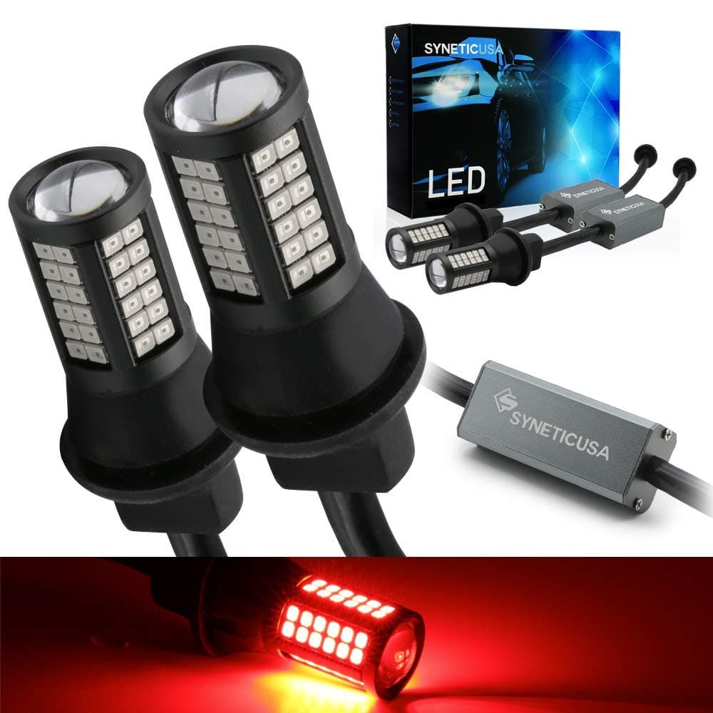 Syneticusa7443 Error Free Canbus Ready Red LED Brake Parking Tail Stop Turn Signal Light Bulbs DRL Parking Lamp No Hyper Flash All in One With Built-In Resistors