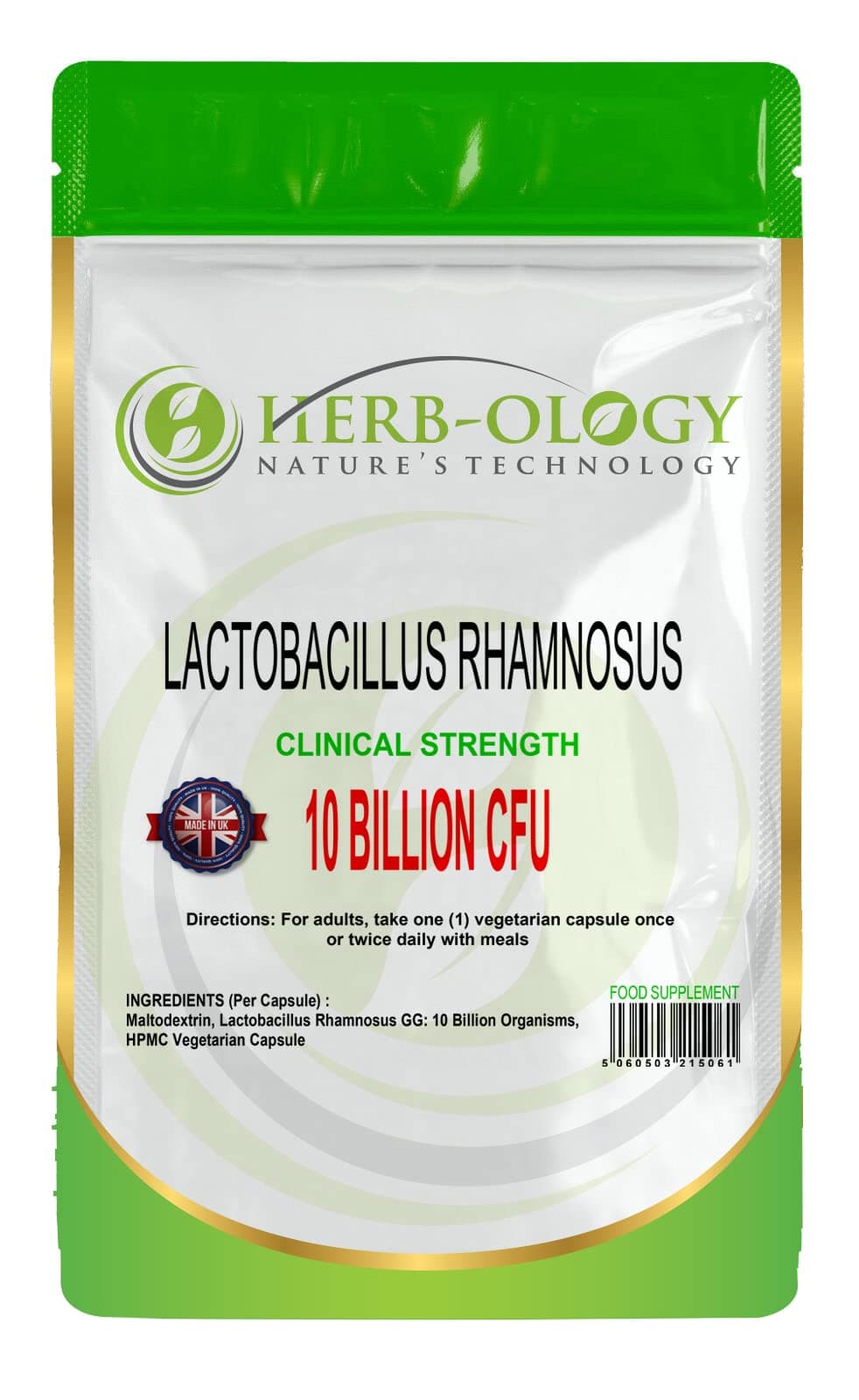 Herb-Ology Lactobacillus Rhamnosus | 120 High Strength Vegetarian Capsules, 10 Billion CFU | Probiotic Tablets | Non-GMO, Suitable for Vegans & Manufactured in The UK