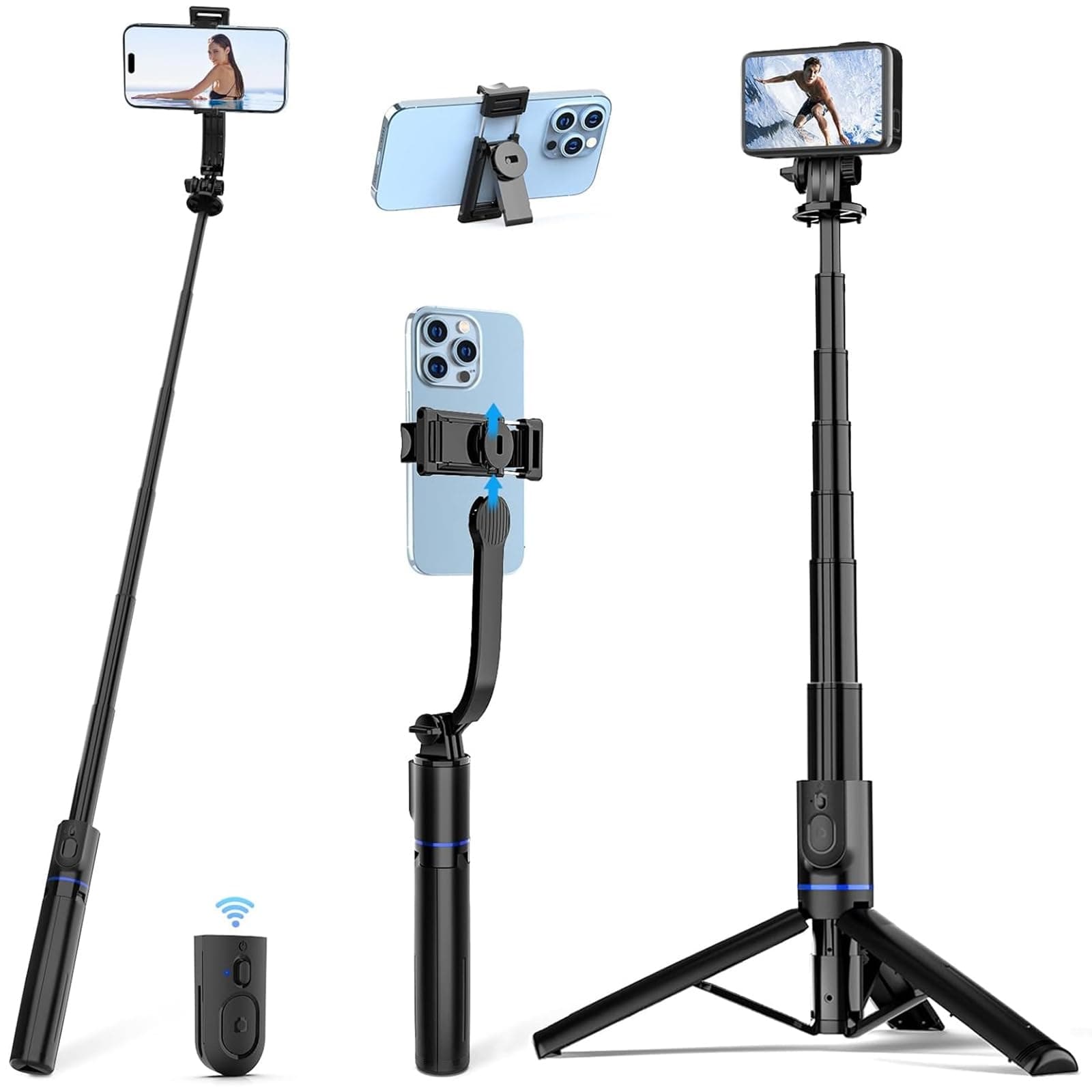 Tobeape Portable Selfie Stick Tripod with Detachable Phone Holder, 107 cm Extendable Mobile Phone Tripod with Remote for iPhone & Android, 360 Rotation Aluminium Travel Tripod