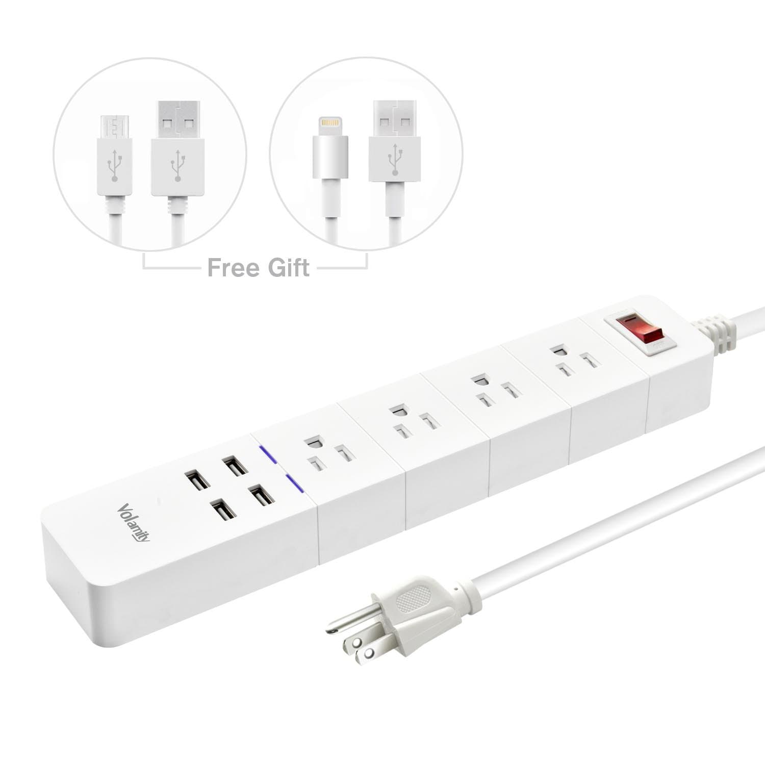 Volamity Surge Protector Power Strip with 4 Outlets 4 USB Charging Ports, 918 Joule, 6Ft Heavy Duty Extension Cord, 14AWG, 1875W/15A, FCC, ETL Certified, UL Listed