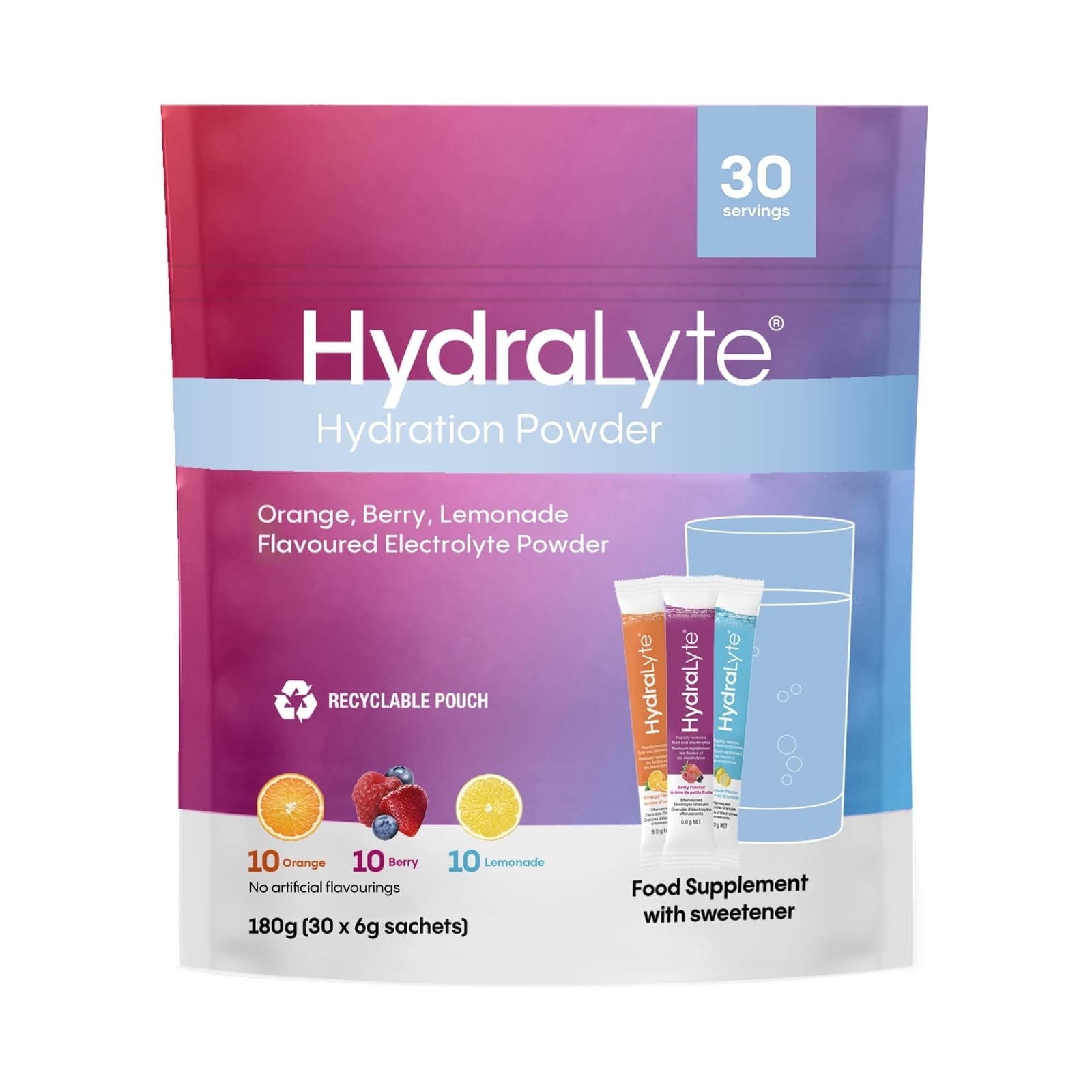 HydralyteEffervescent Electrolytes Powder Sachets - Variety Pack: 30 Orange, Strawberry Lemonade, Lemonade Flavoured Sticks - Rapid Rehydration - Prevent Dehydration - Achieve Optimal Hydration