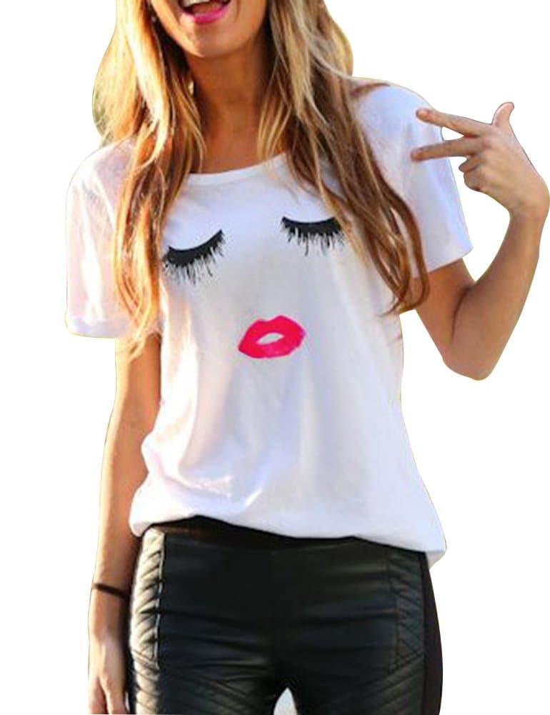 FV RELAY Women's Summer Cute Eyelash Lip Print Tee Casual Teen Girls T Shirts