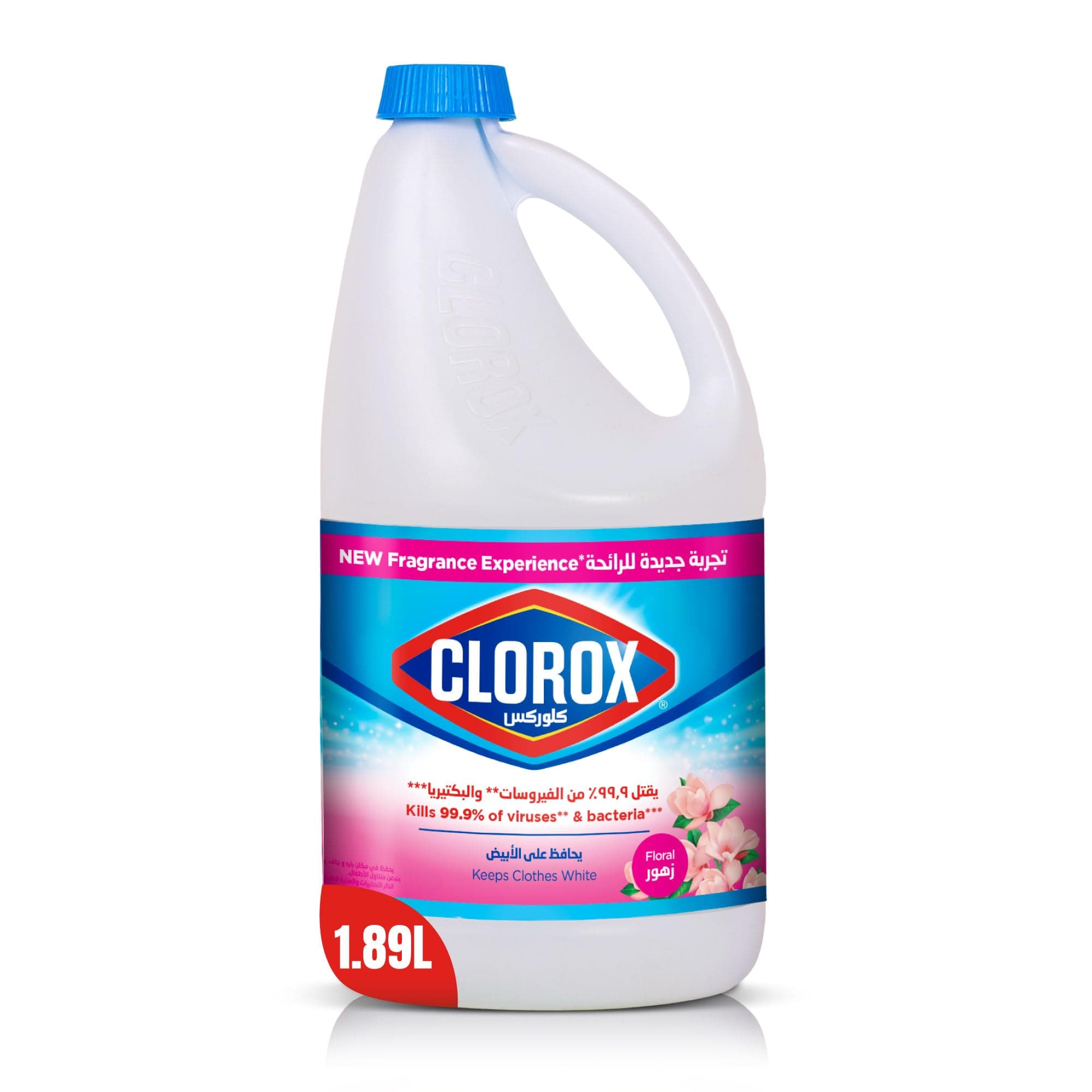 Liquid Bleach 1.89L, Floral Scent New Fragrance Experience, Kills 99.9% of Viruses and Bacteria, Cleans and Disinfects