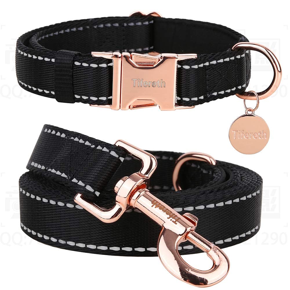 Tifereth Medium-Large Big-Female Dog-Collar Leash - Rose Gold Heavy Duty Reflective and 6ft Padded Handle Collar Leash Set Perfect for Medium to Large Dogs