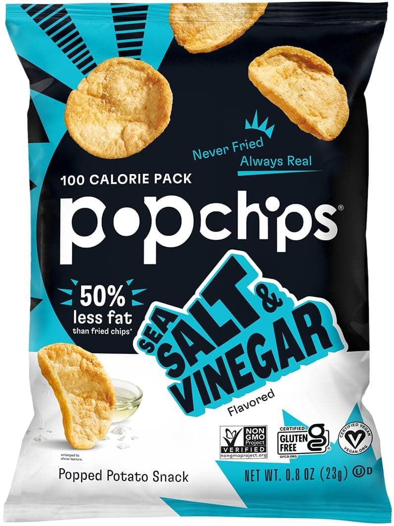 Popchips Potato Chips, Sea Salt & Vinegar Potato Chips, Single Serve Bags (0.8 oz), Gluten Free, Low Fat, No Artificial Flavoring (Pack of 24)