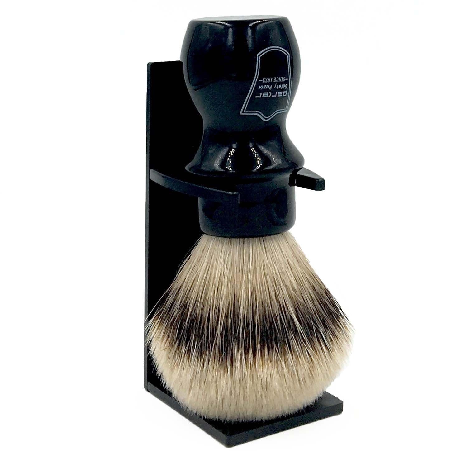Parker Safety Razor Handmade Deluxe"Mug Shaving Brush" - 100% SILVERTIP Badger BRISTLES - Brush Stand Included - Black Handle
