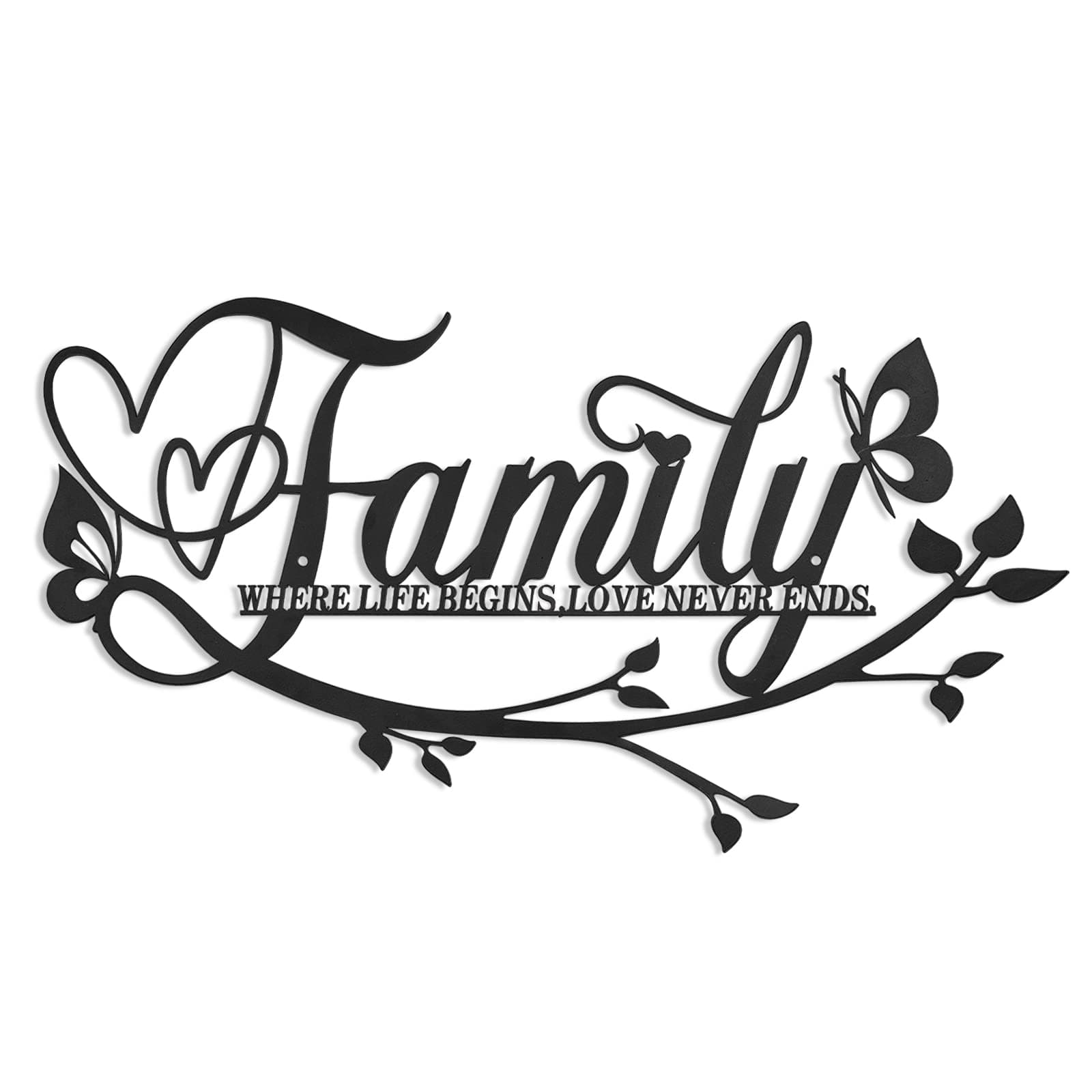 MERYSAN Family Where Life Begins Love Never Ends Word Sign Wall Decor, Black Metal Cutout Family Signs Wall Art Decorations, Letters Quotes Sign for Bedroom Kitchen Indoor Outdoor Decor(17.5 x 9in)