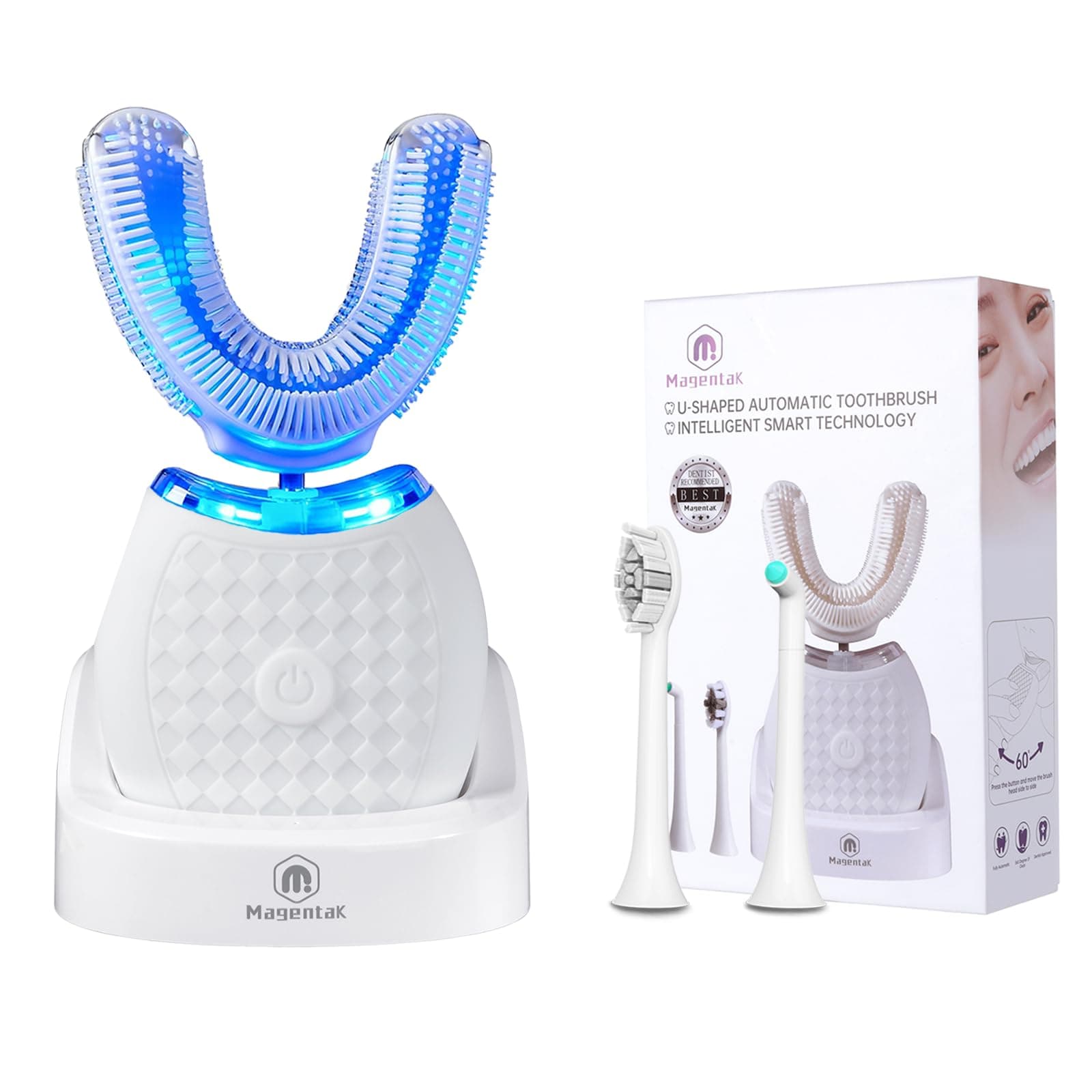 Ultrasonic Toothbrush for Adults, U-Shaped Hands-Free Design 360° Clean Teeth Fast, 3 Modes for Whitening,Electric Automatic Toothbrush Set for Home or Travel(White)