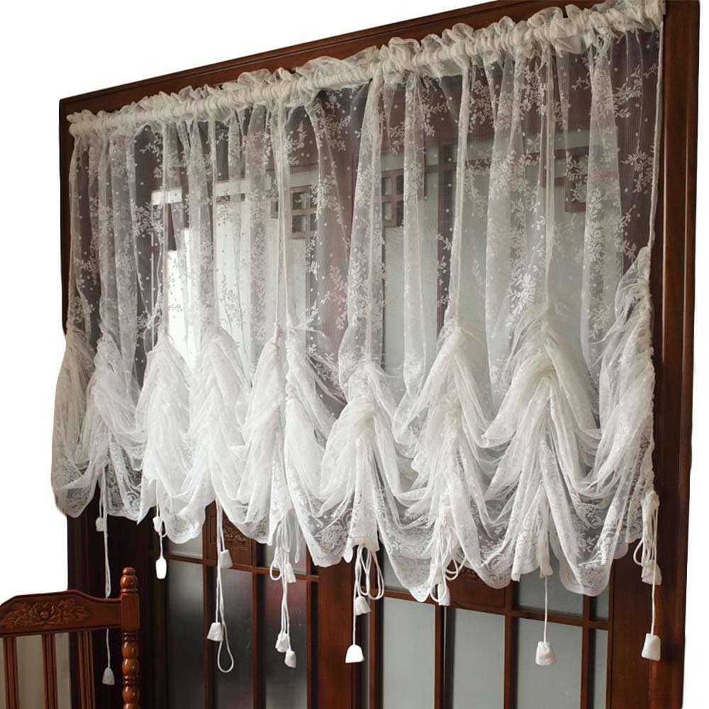 Elegant White Lace Embroidered Sheer Balloon Curtains, Adjustable Tie-Up Curtain, 1 Panel Floral Tulle Curtains for Windows-78''*90''