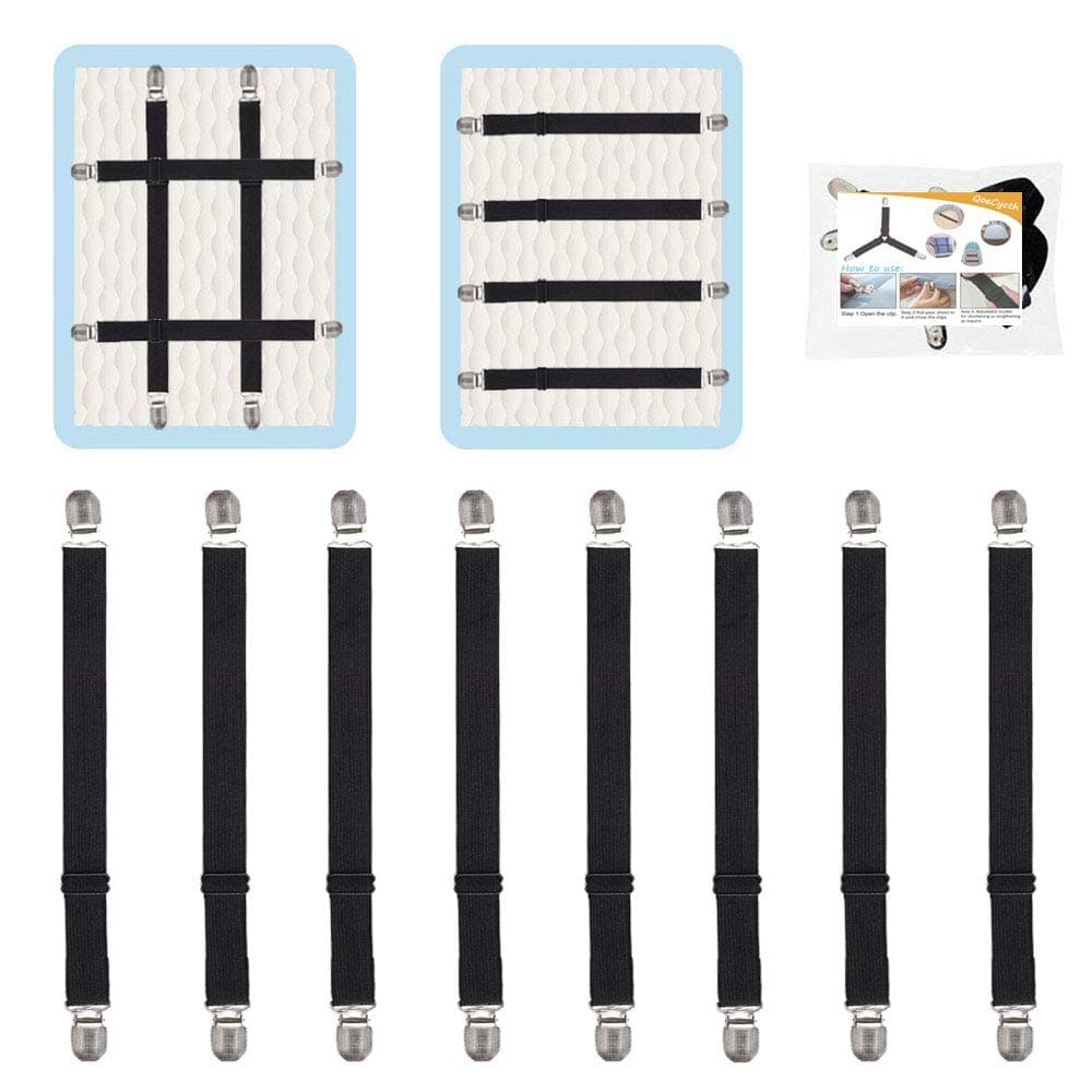 Adjustable Bed Sheet Straps Clips, Elastic Mattress Sheet Fasteners Holder and Suspenders, Grippers to Hold Sheet, Mattress, Sofa, Couch, Table Cloth, Ironing Board Cover, 8Pcs, Black